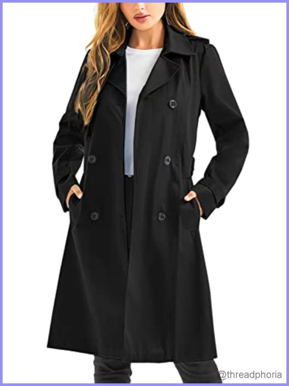Waterproof Trench Coat Long Double Breasted Belted Overcoat Removable Hood